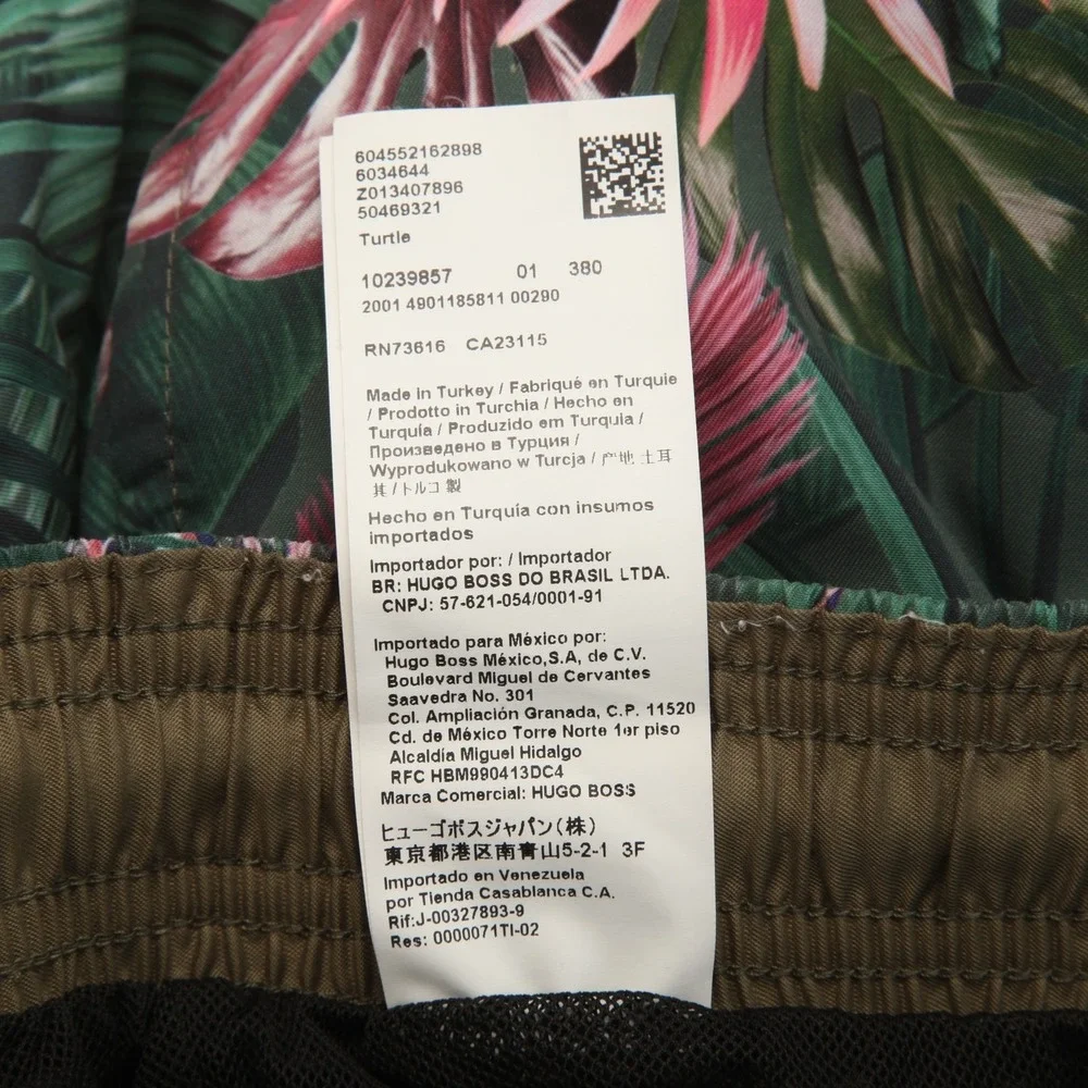 BOSS Men's Tropical Floral Swim Trunks Shorts Green Pink White Size L Mesh Lined
